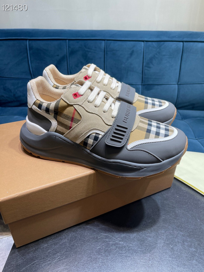 B**rry vintage check, leather and mesh sneakers
